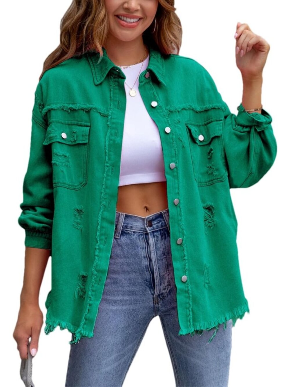 Women's Green Ripped Distressed Denim Jacket Oversized Basic Casual Jean Jacket